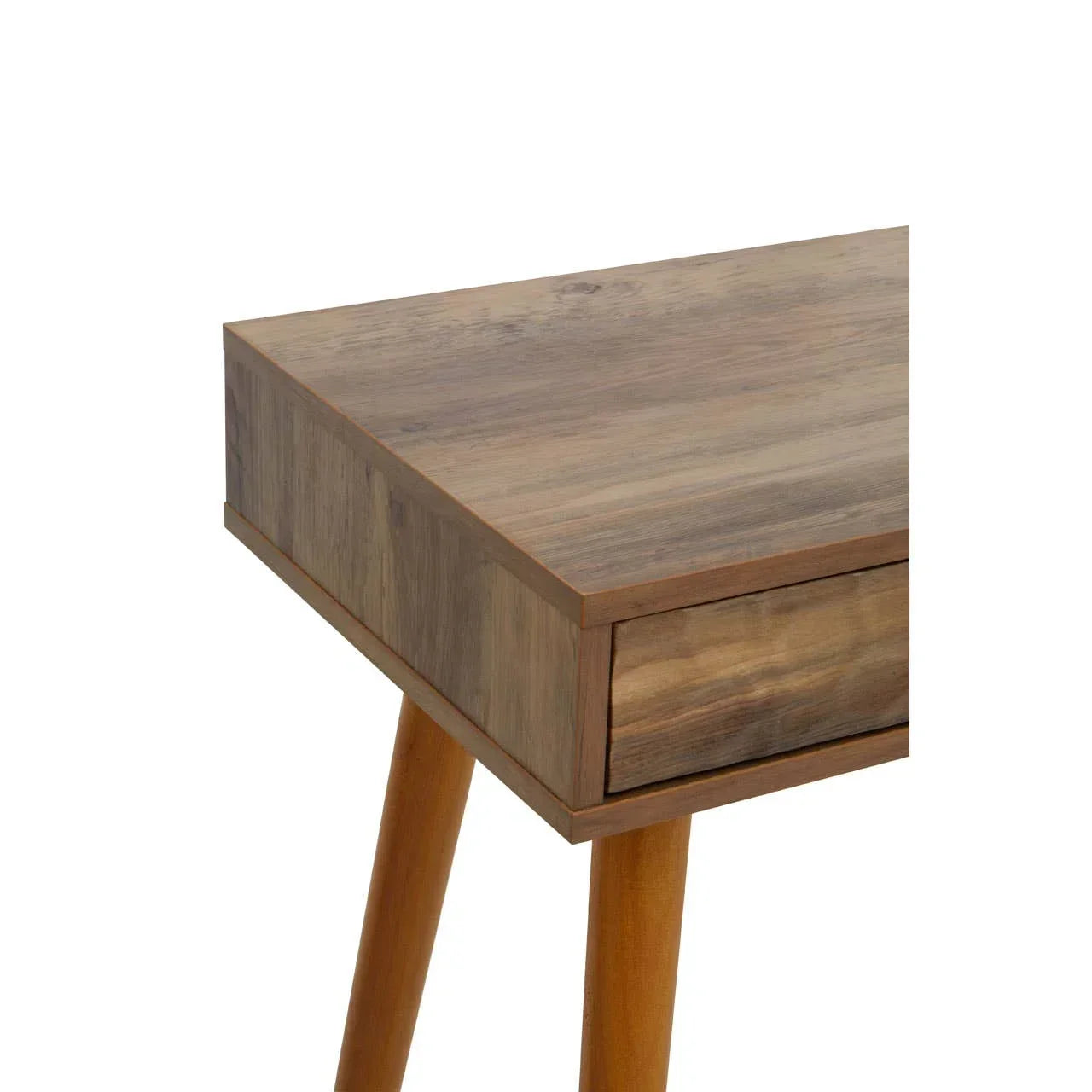 Wooden bedside table with angled legs and single drawer, close-up of corner and surface