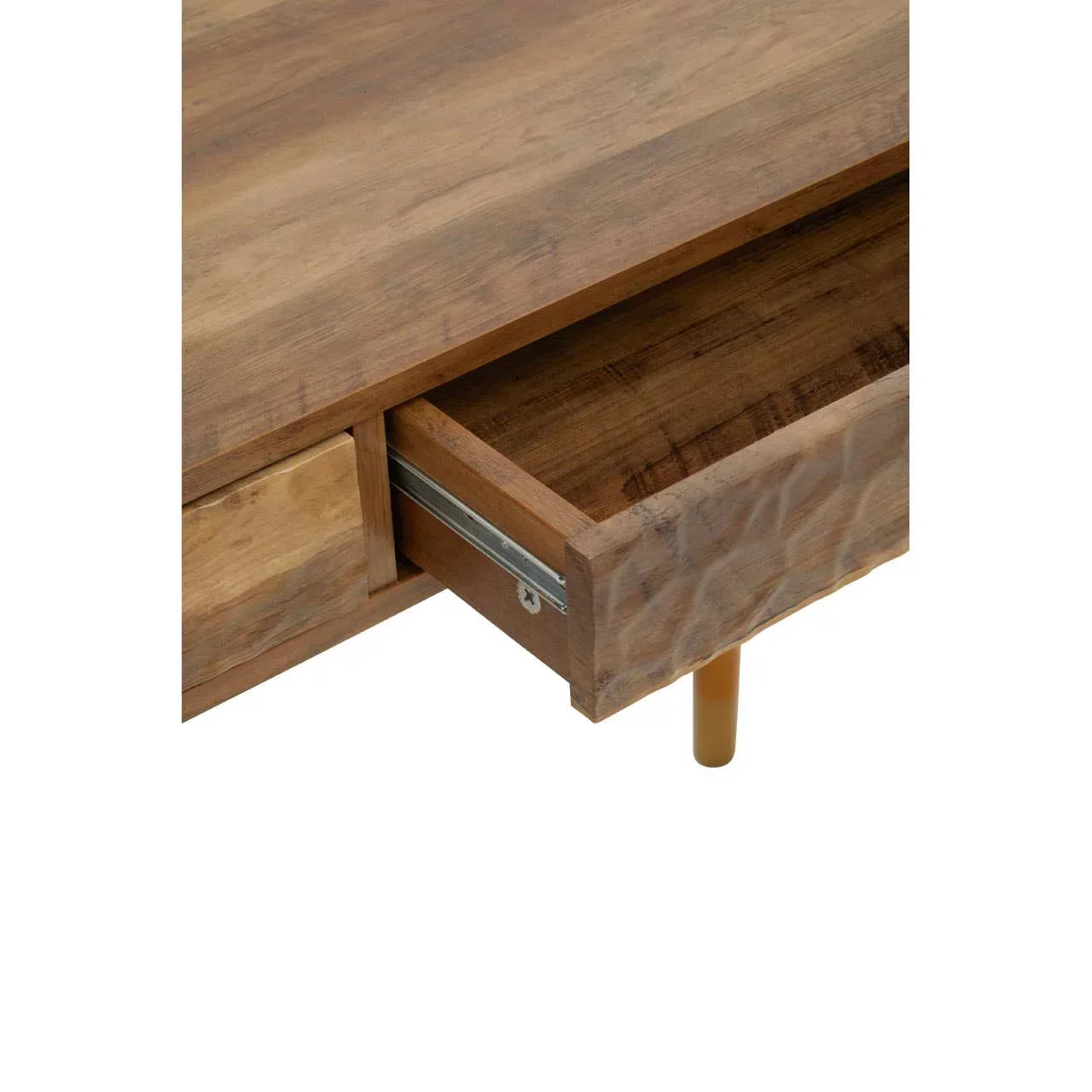 Wooden coffee table with open textured drawer and visible metal runner close up