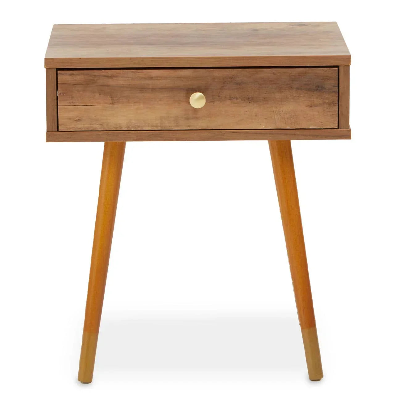 Wooden bedside table with single drawer and tapered legs, natural finish front view