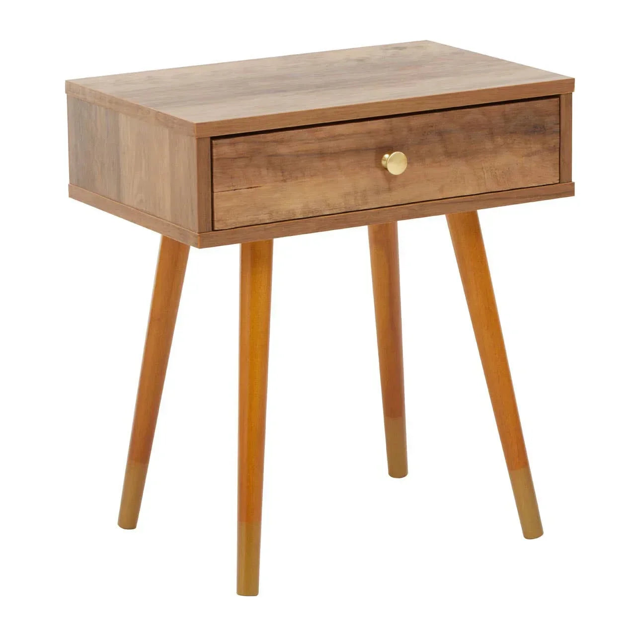 Wooden bedside table with single drawer and angled legs, natural finish, brass knob