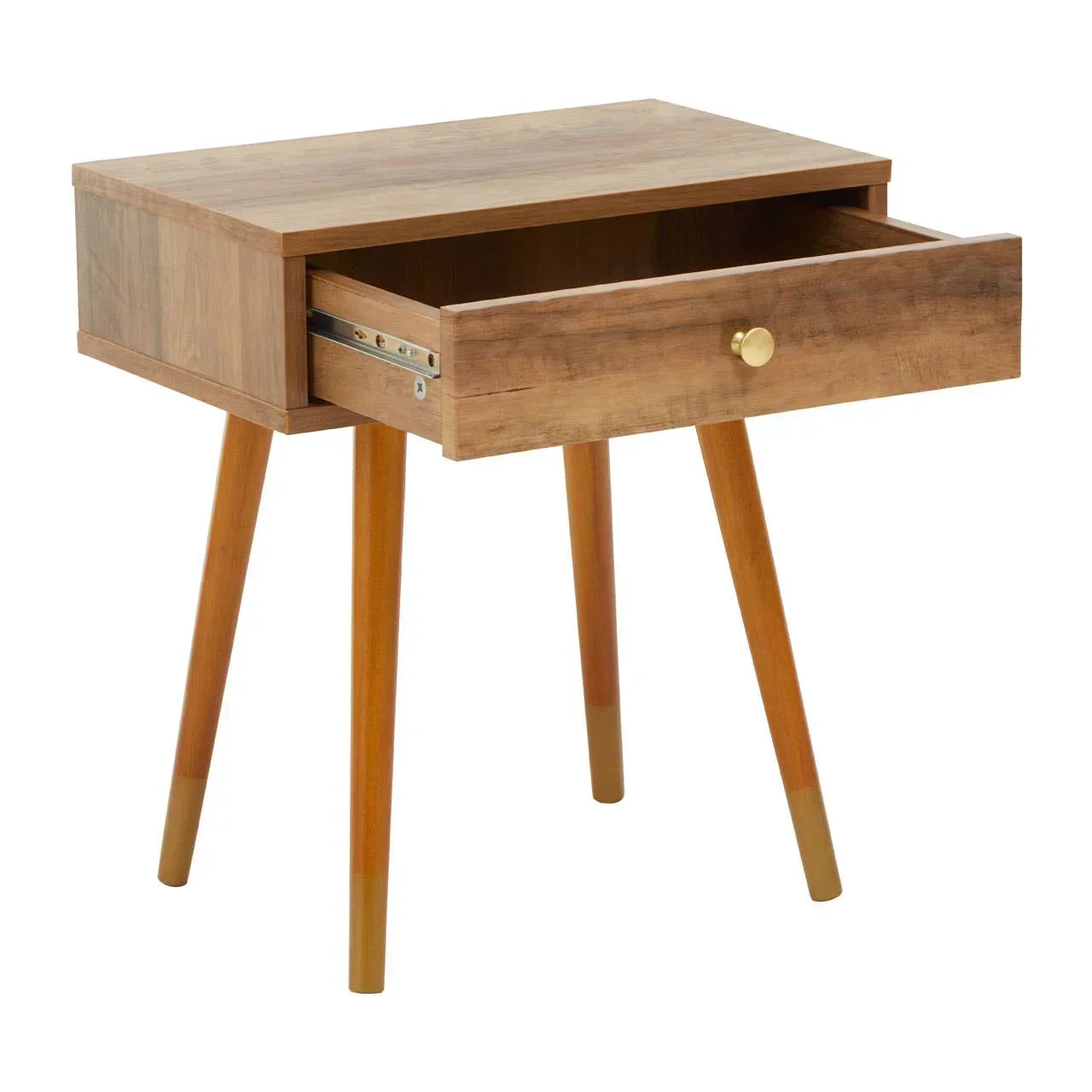 Wooden bedside table with open drawer and tapered legs, matt finish, mid-century style