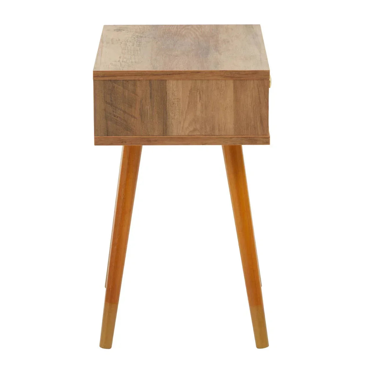 Side view of wooden bedside table with angled legs and natural wood finish