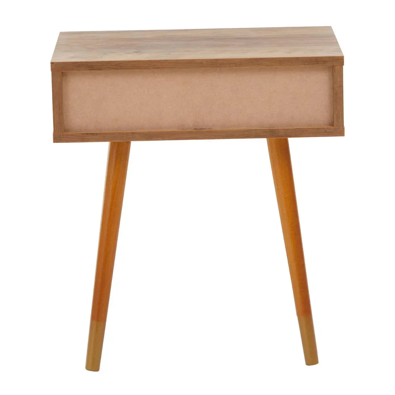 Wooden bedside table with two-tone tapered legs and rectangular storage drawer
