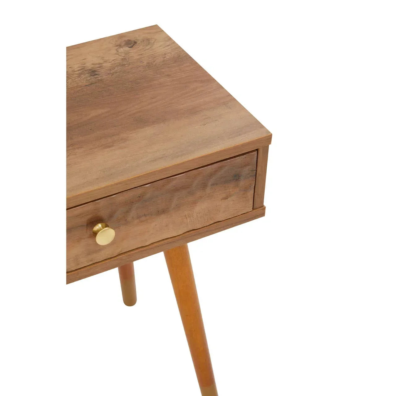 Wooden bedside table with drawer and gold knob, angled view showing tapered legs