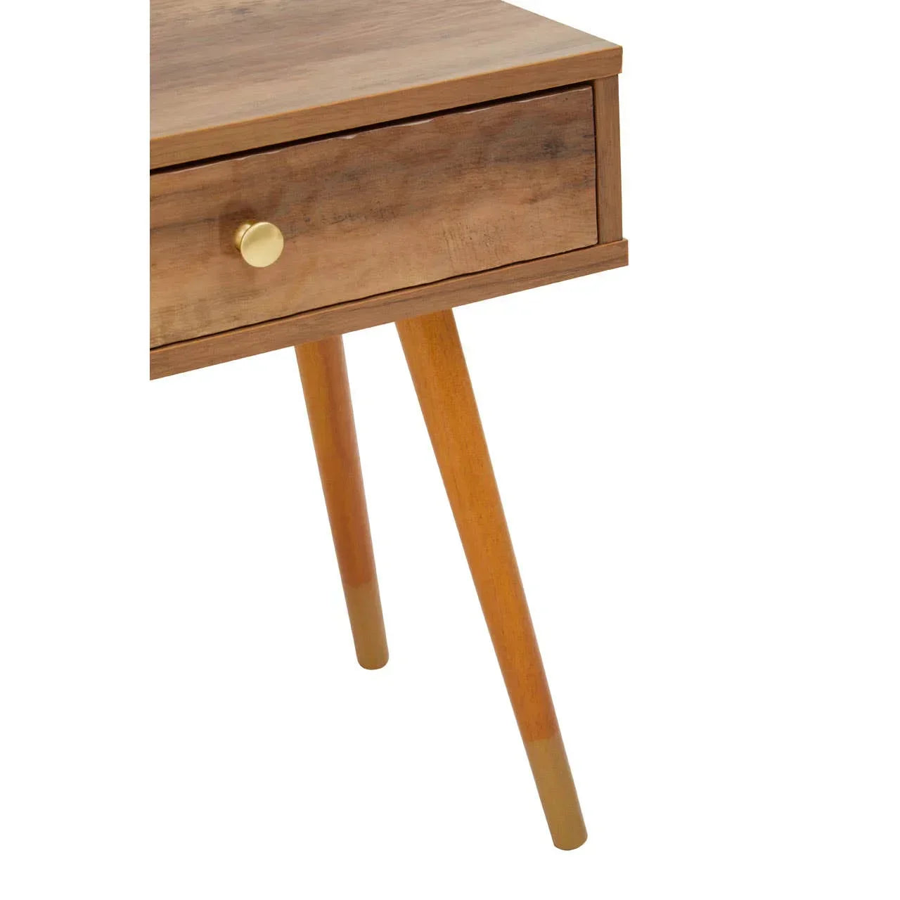 Wooden bedside table with single drawer, round metal handle, and angled legs