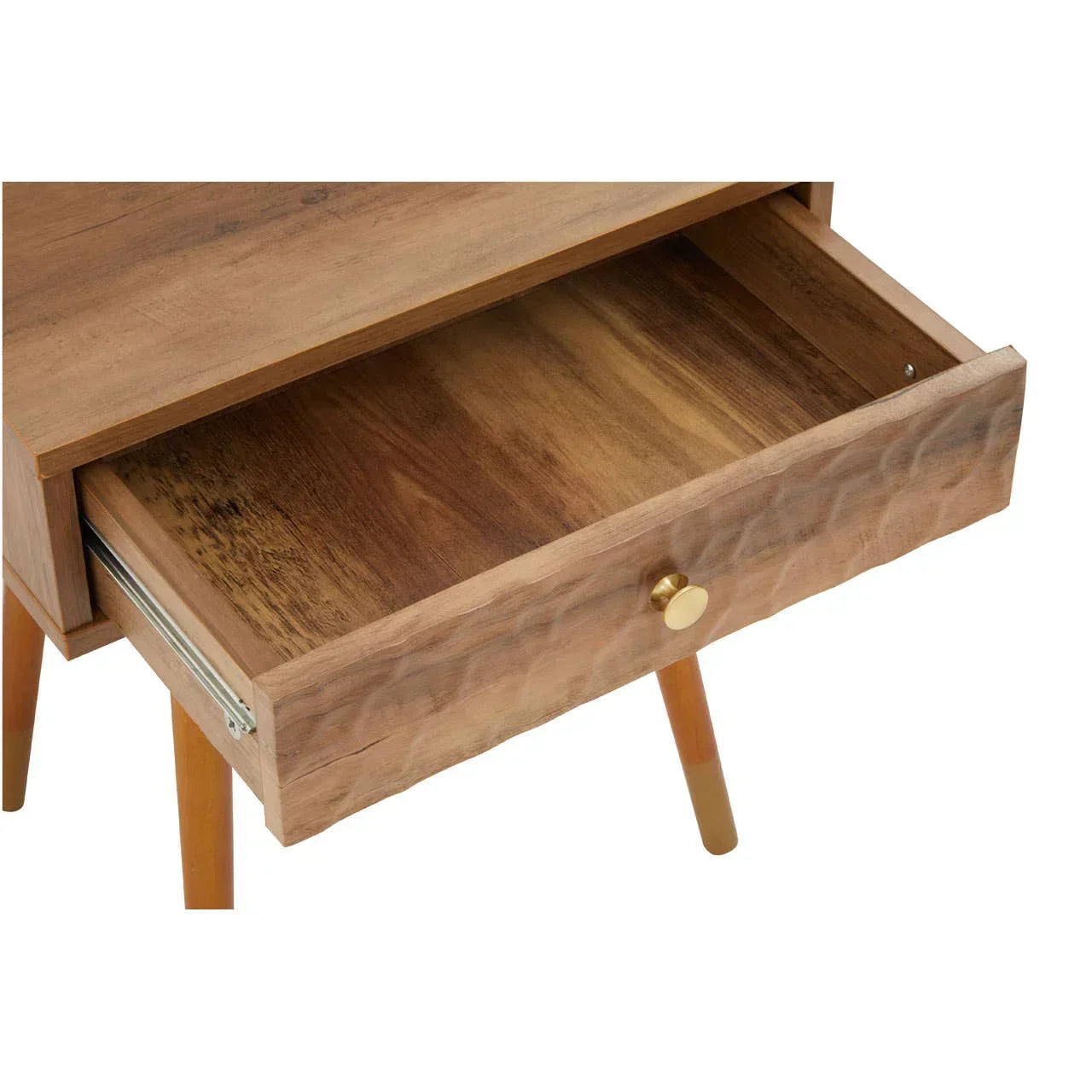Open wooden bedside table drawer with round metal handle and angled legs