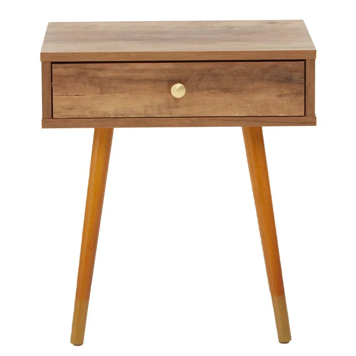 Mid-century wooden bedside table with single drawer and round gold handle