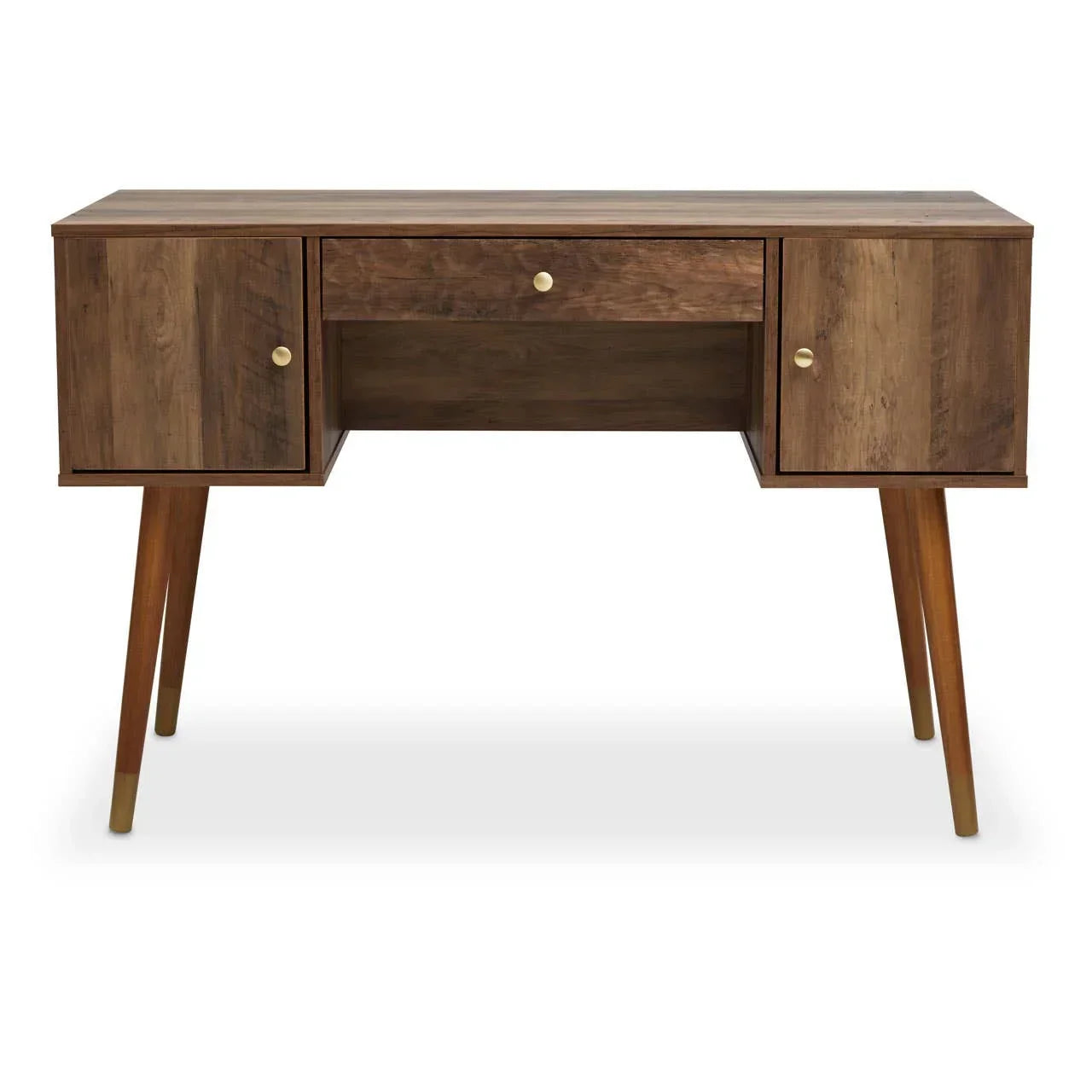 Mid-century wood desk with two storage cabinets, central drawer and gold-accented legs