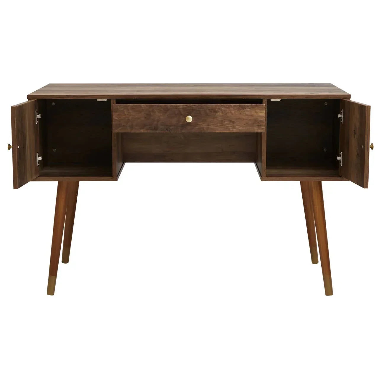 Walnut wood sideboard with two open cabinet doors and central drawer, angled legs
