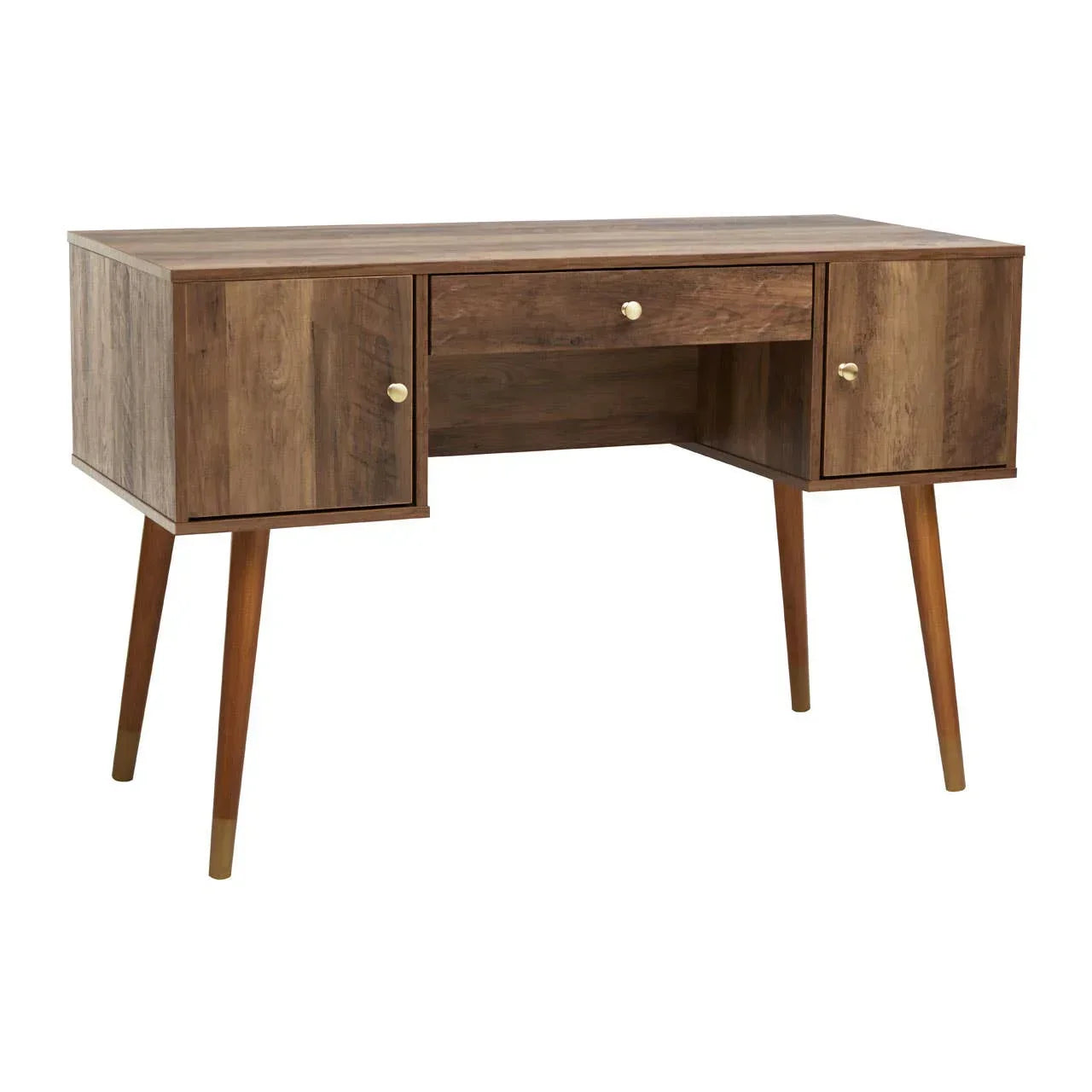 Mid-century wooden desk with two cabinets, center drawer and tapered legs