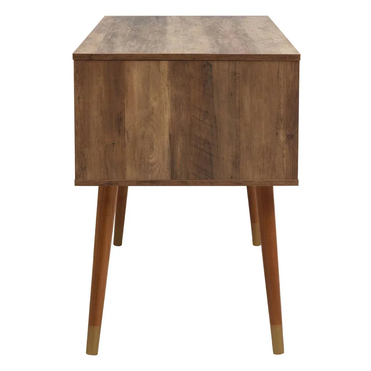 Mid-century modern wooden side table with tapered legs and brass accents, front view