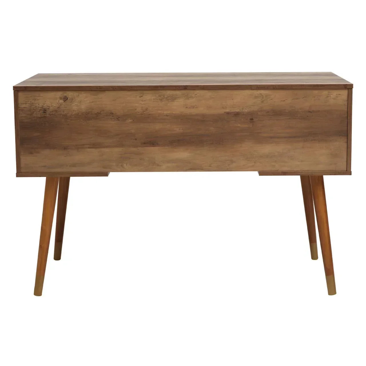 Mid-century modern wood console table with angled legs and natural finish
