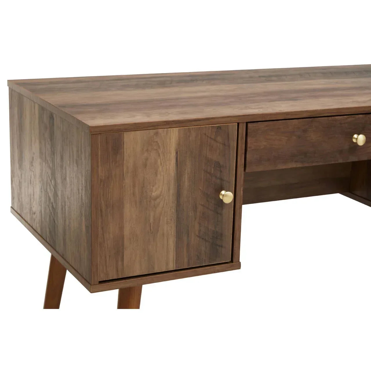 Walnut wood desk with gold handles and storage cabinet, angled front corner view