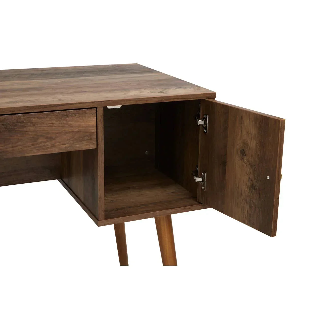 Walnut wood desk with open storage cabinet and angled legs, corner view