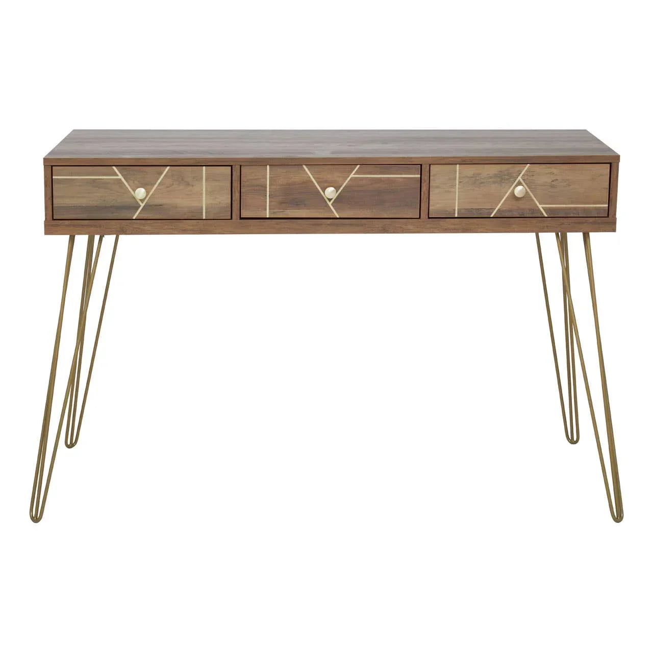 Walnut console table with three drawers and gold hairpin legs