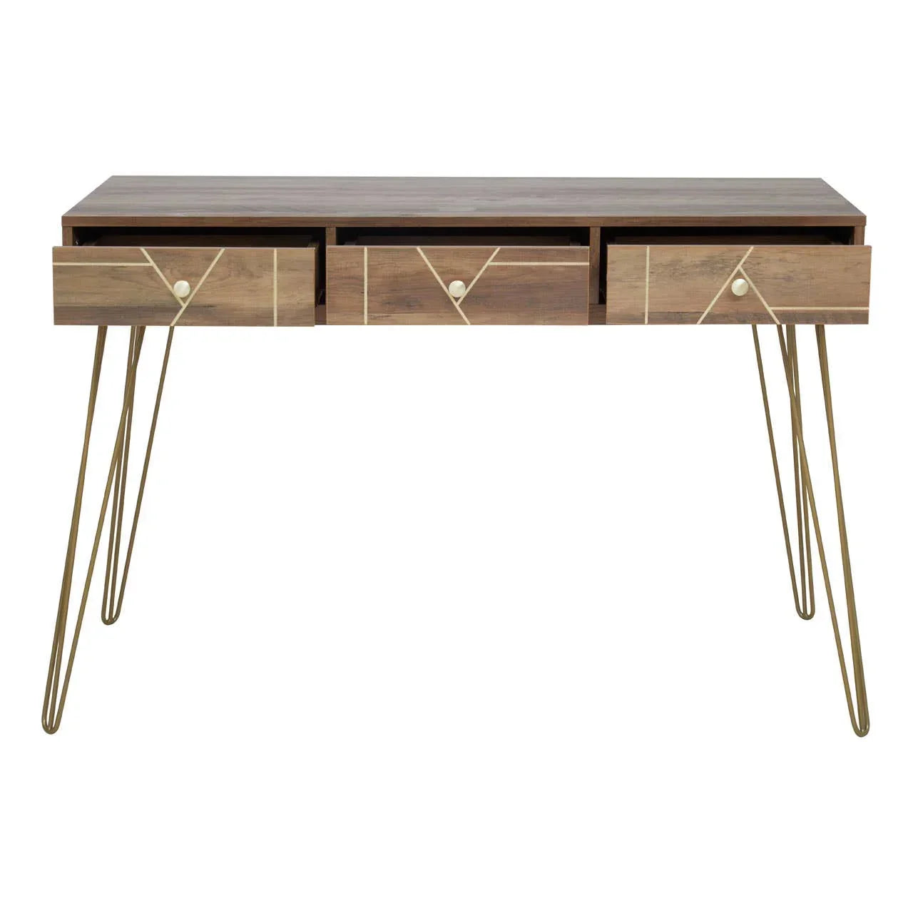 Walnut wood desk with three drawers and gold metal hairpin legs