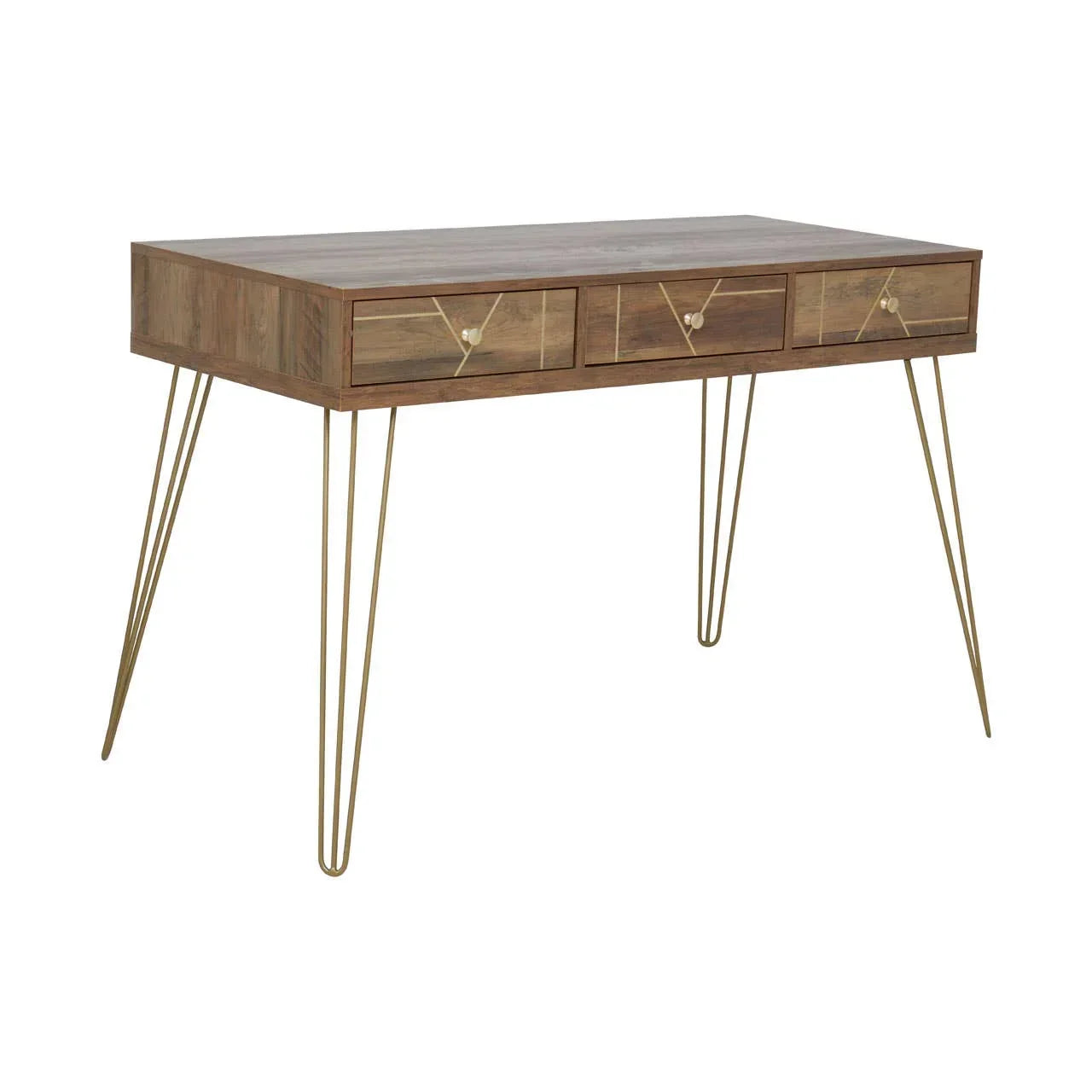 Mid-century modern wooden desk with three drawers and gold metal hairpin legs