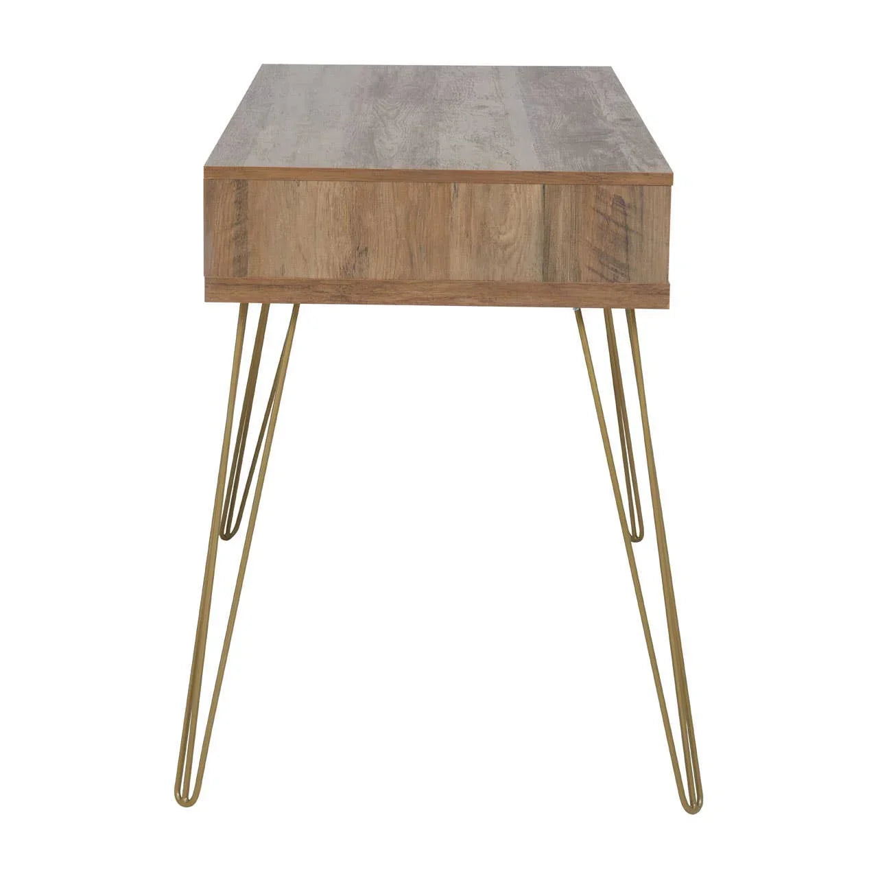Wood side table with metal hairpin legs, shown from front view
