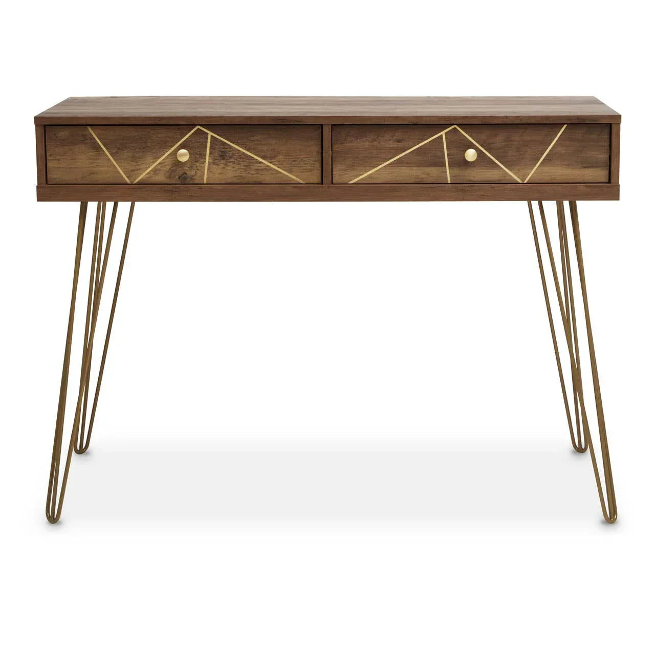 Modern wooden console table with gold metal legs and two geometric front drawers