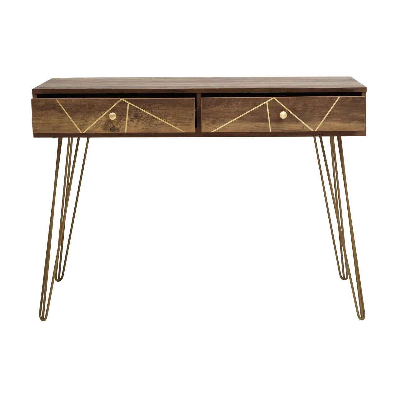 Wooden console table with gold metal legs and two drawers featuring geometric patterns