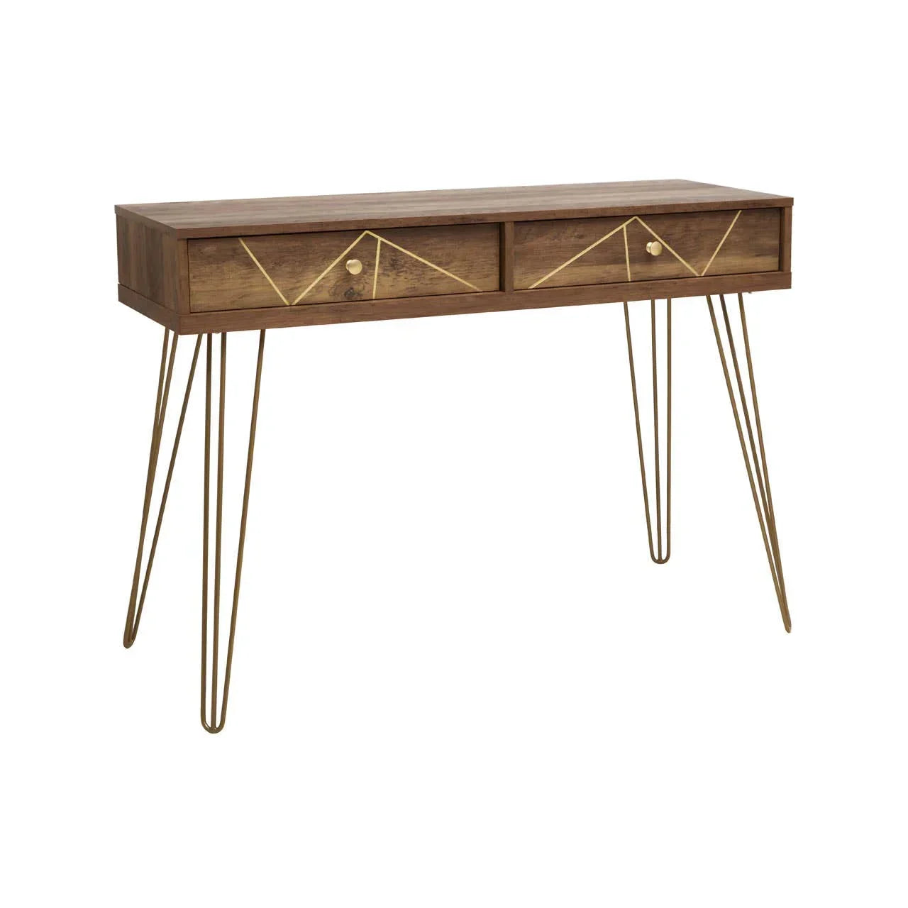 Mid-century console table with two drawers, gold metal legs and geometric detailing
