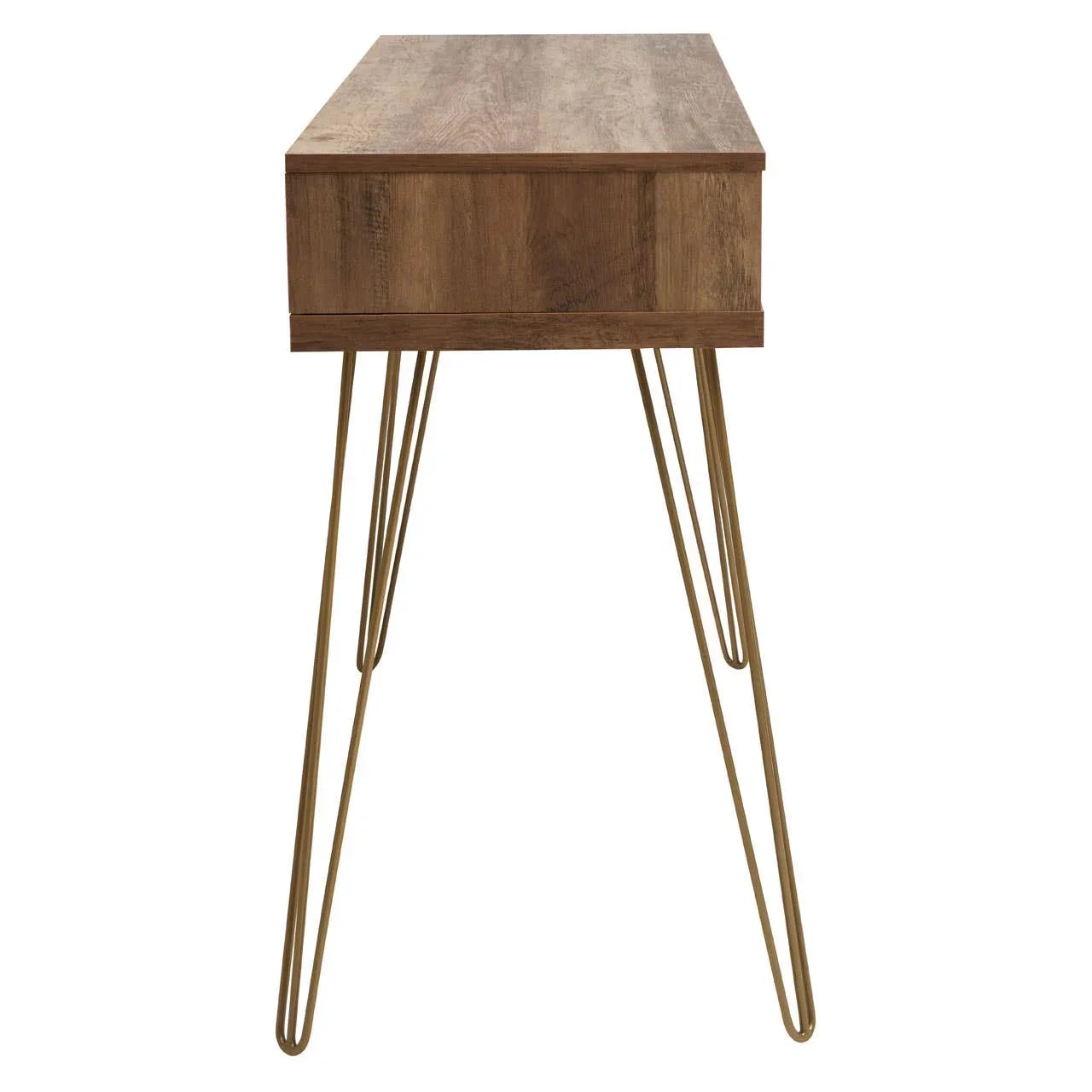 Side view of wooden console table with slim metal hairpin legs
