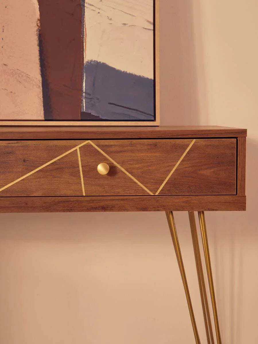 Mid-century wood console table with gold metal legs and geometric inlay drawer