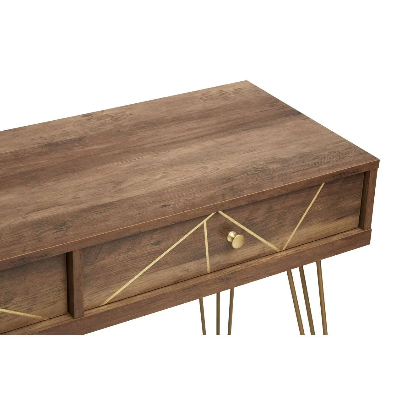Wood console table with gold geometric drawer detail and slim metal legs