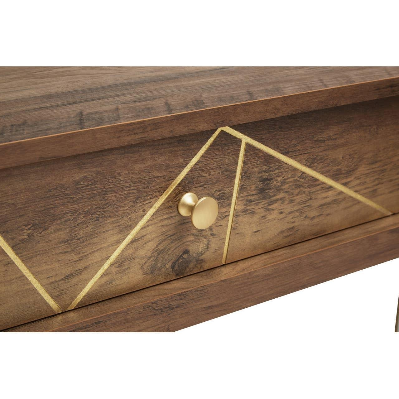 Wooden console table drawer with gold geometric lines and round gold handle