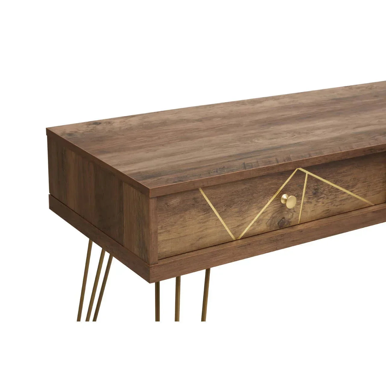 Wood console table with gold metal legs and drawer featuring gold geometric detail