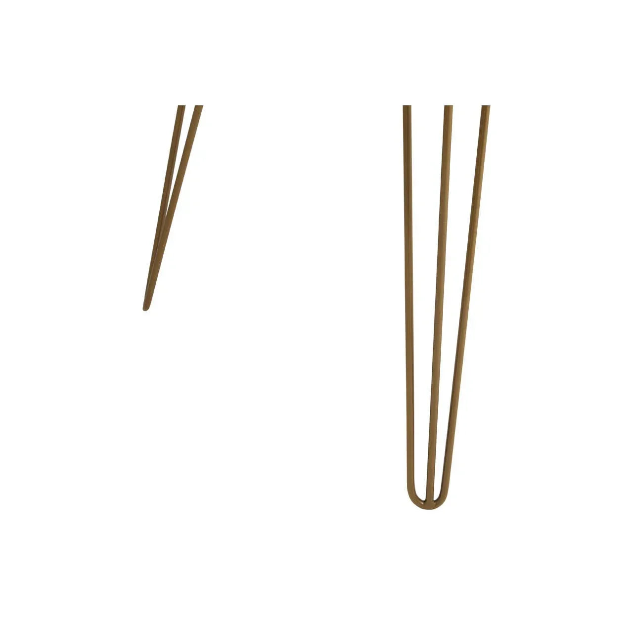 Gold metal hairpin furniture legs close-up against white background