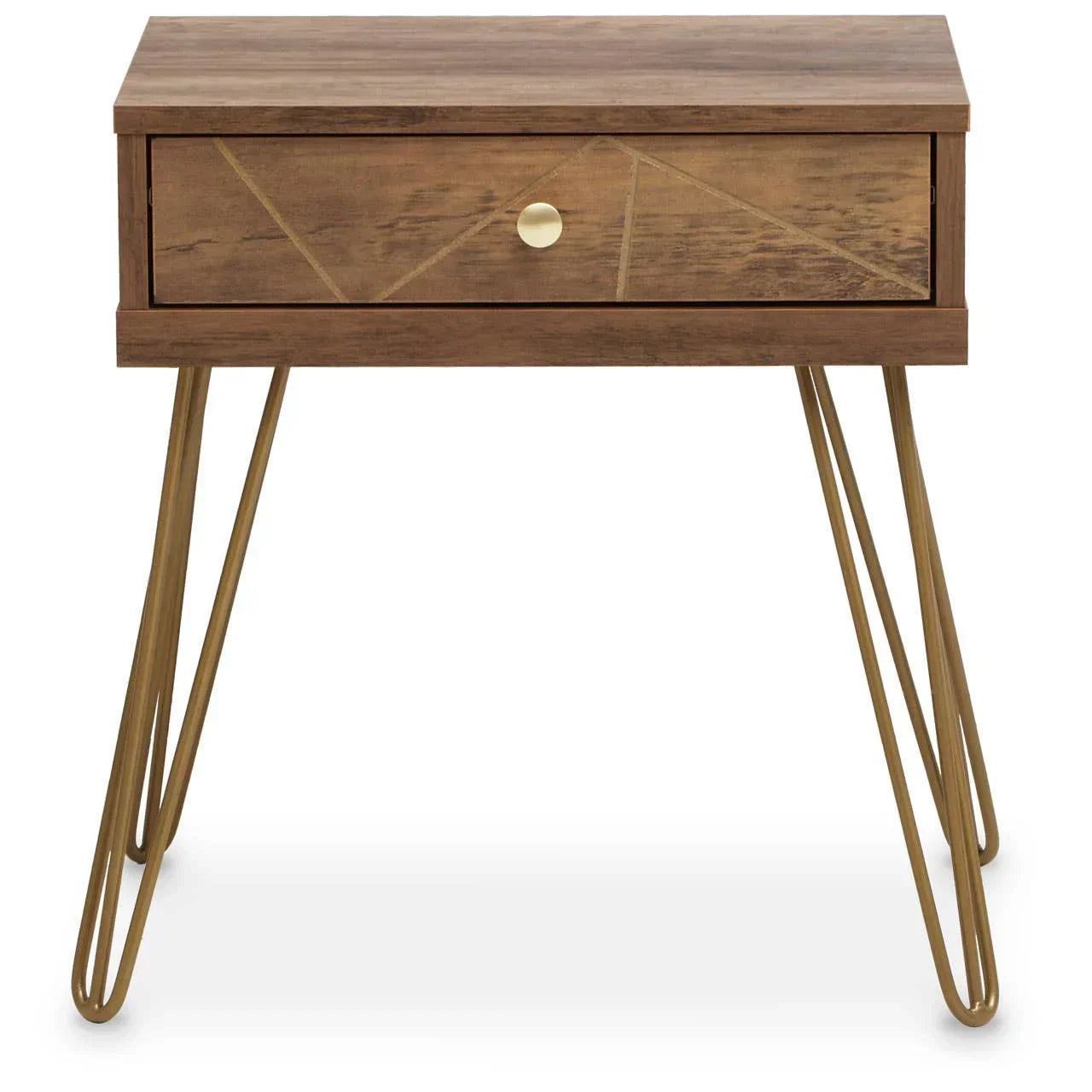 Wood bedside table with single drawer and gold hairpin legs, modern geometric detail