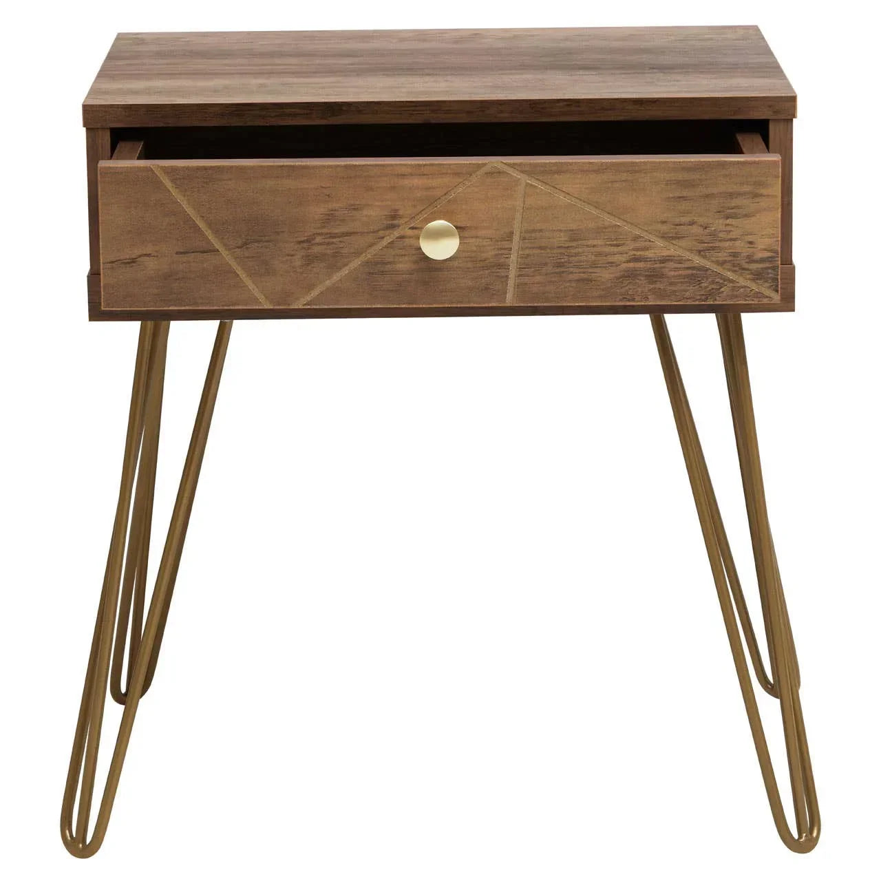 Wooden bedside table with metal hairpin legs and geometric drawer front, drawer open