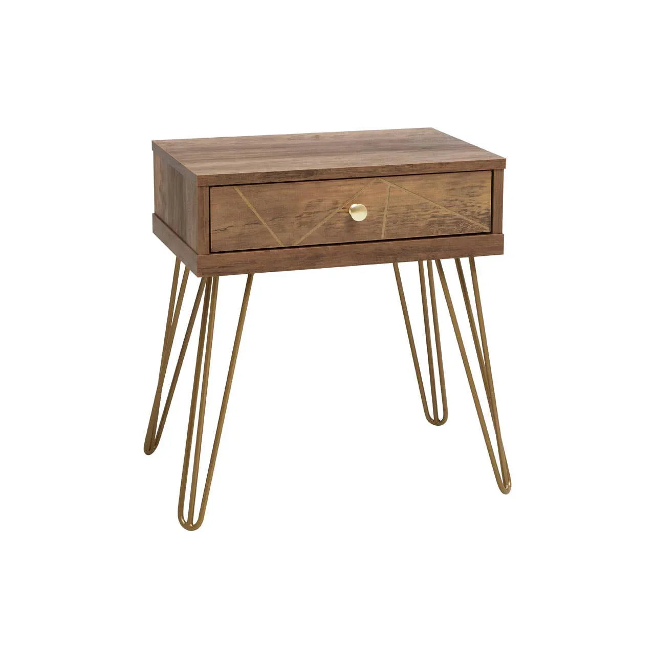 Modern wooden bedside table with gold hairpin legs and single drawer with round handle