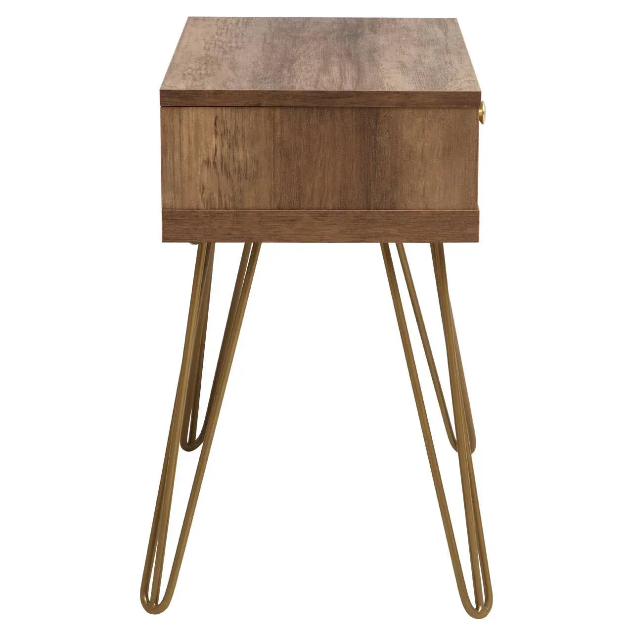 Wooden side table with metal hairpin legs, front view
