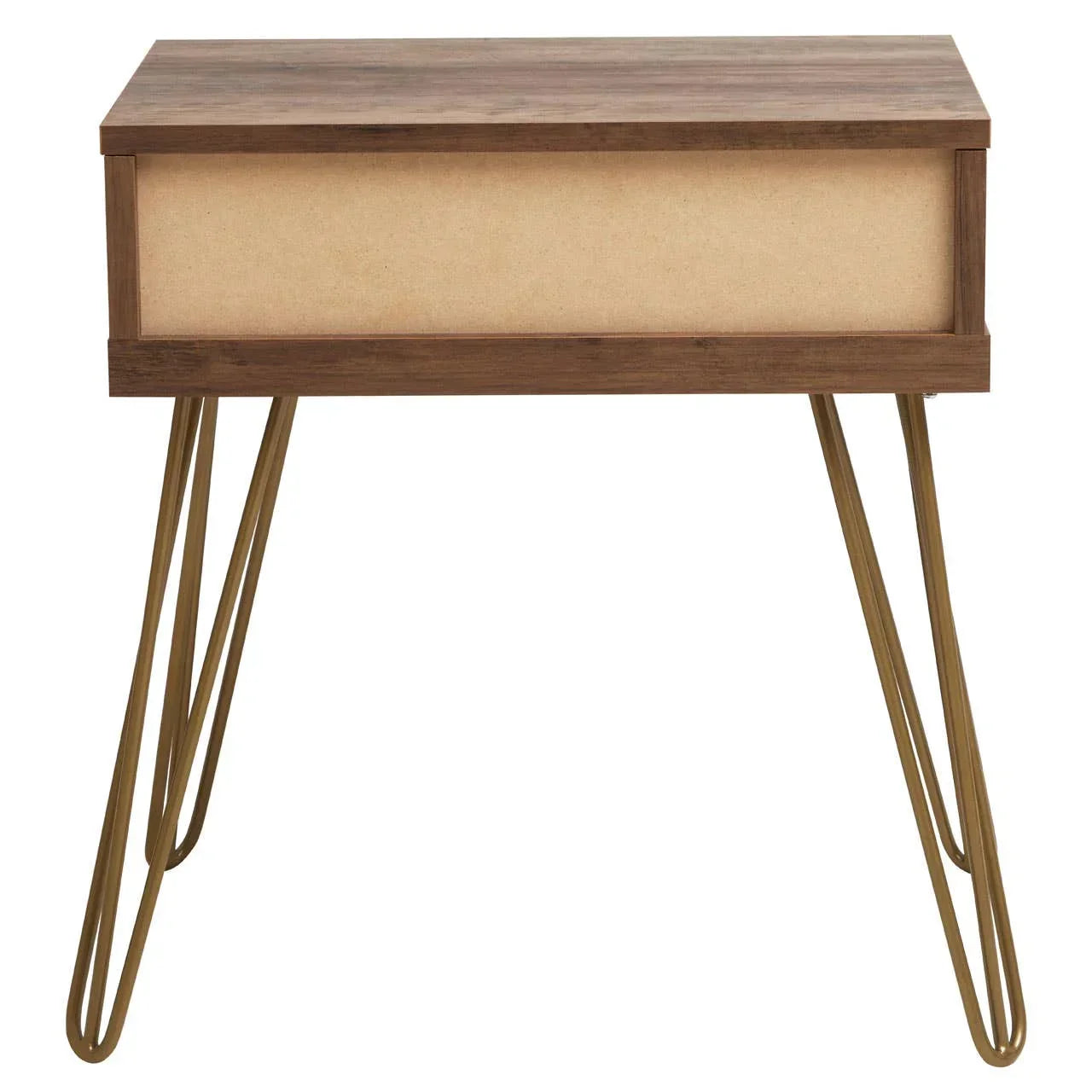 Modern bedside table with walnut finish and metal hairpin legs, front view