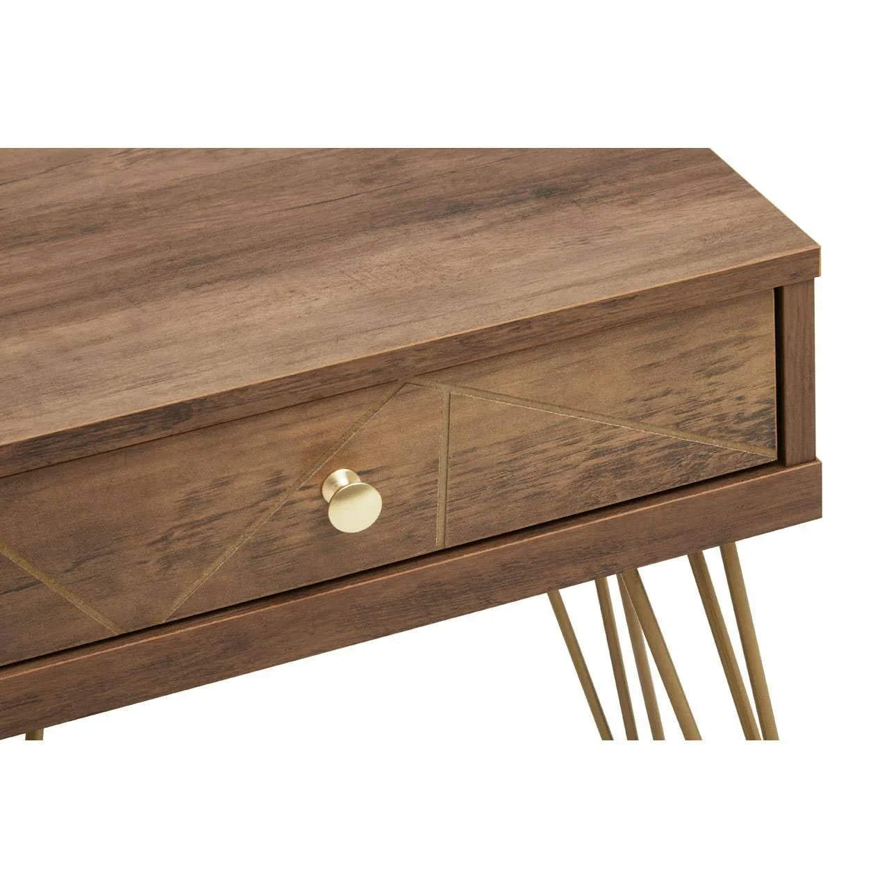 Walnut wood bedside table with gold metal legs and single drawer with brass knob
