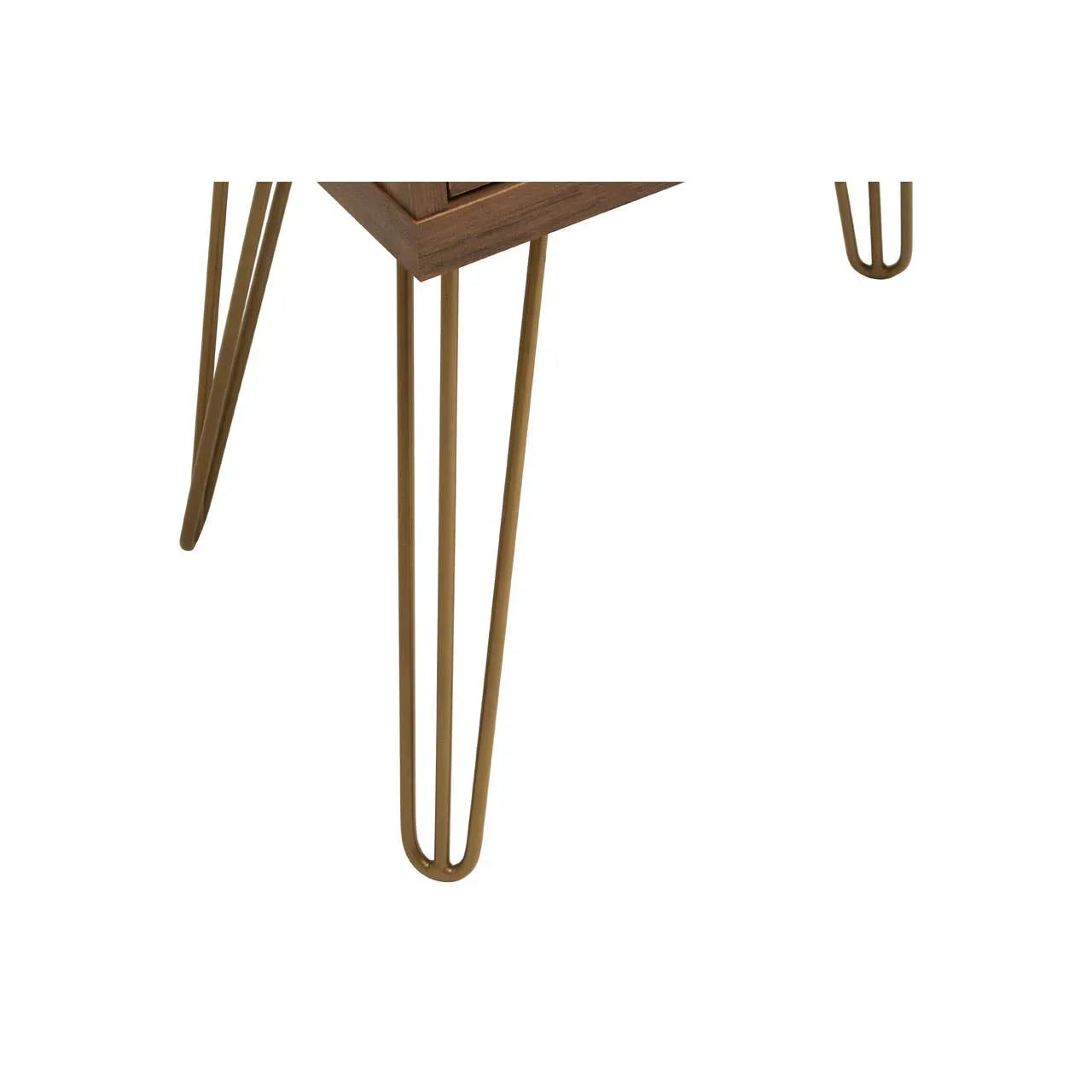 Close view of gold metal hairpin legs on wooden table corner