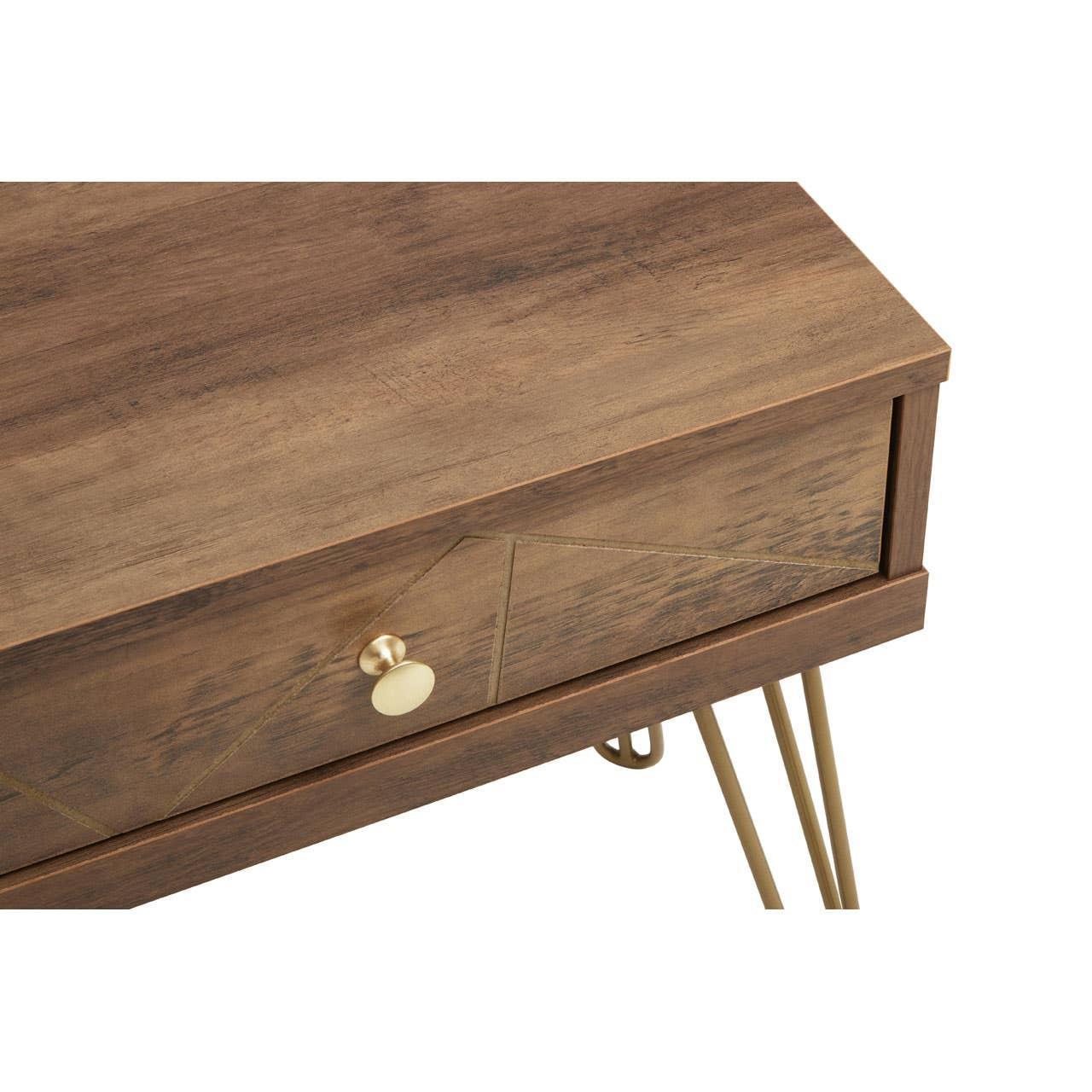 Wooden bedside table with gold metal legs and single drawer featuring brass handle