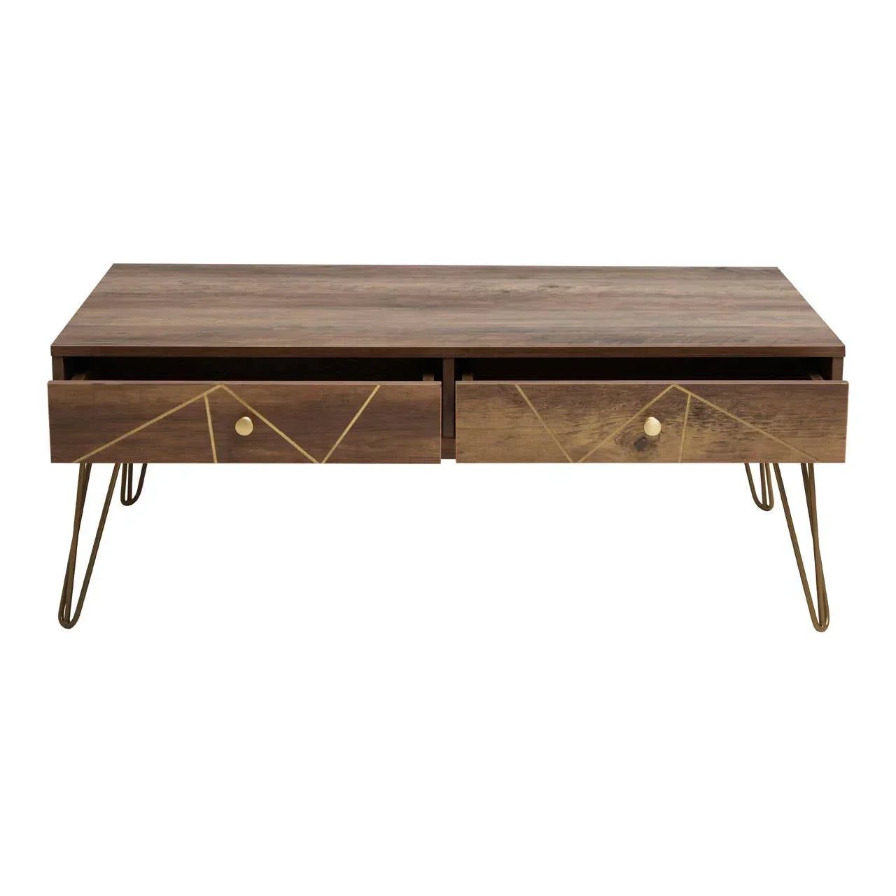 Wood coffee table with gold hairpin legs and two front drawers featuring geometric patterns
