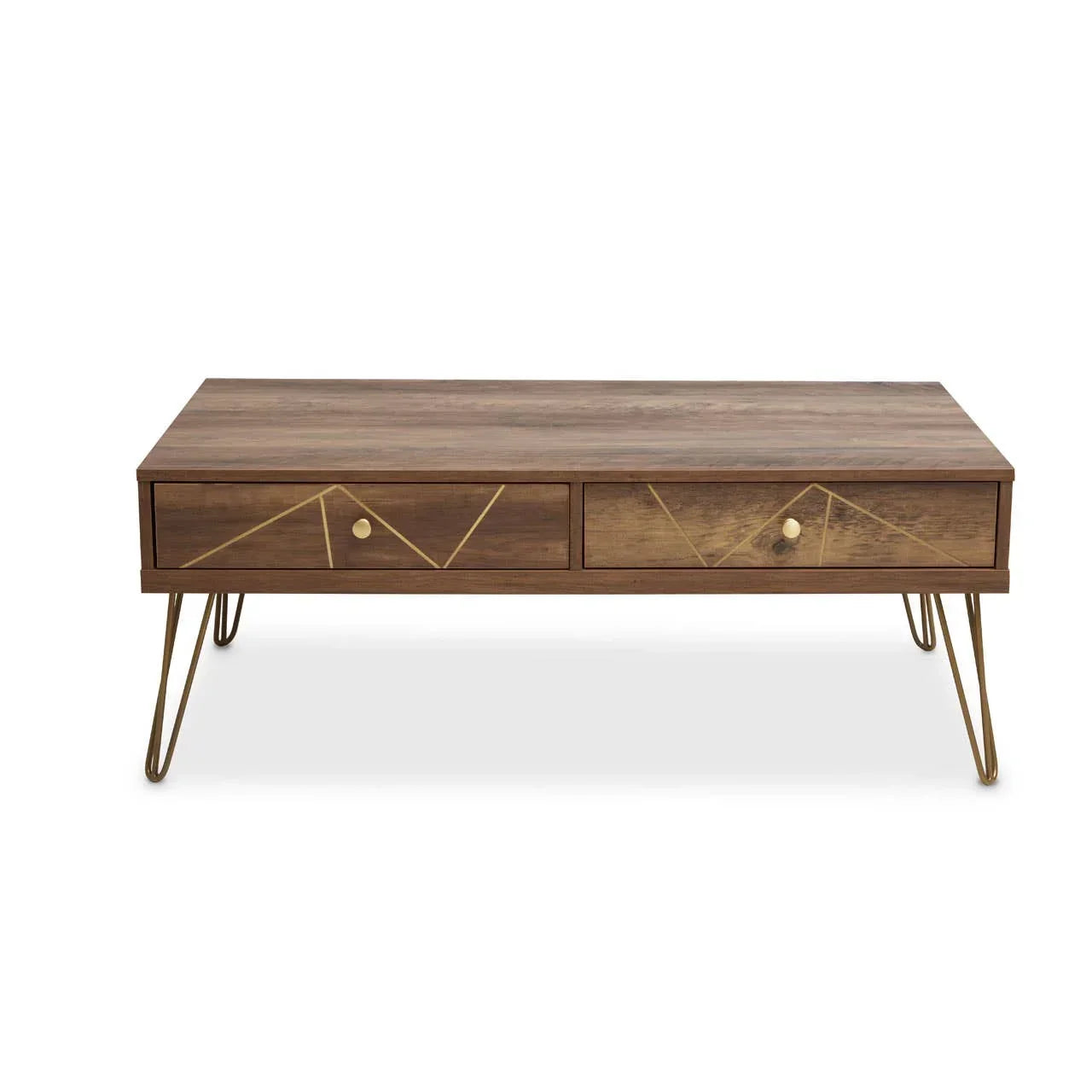 Walnut coffee table with gold metal legs and two drawers featuring geometric accents