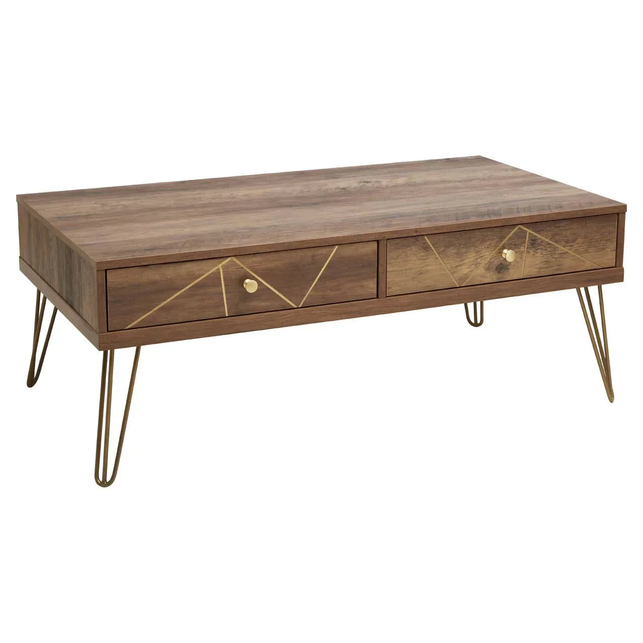 Wooden coffee table with gold metal legs and two drawers featuring geometric accents