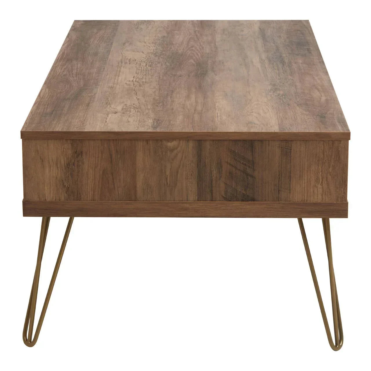 Rectangular wooden coffee table with metal hairpin legs, front view