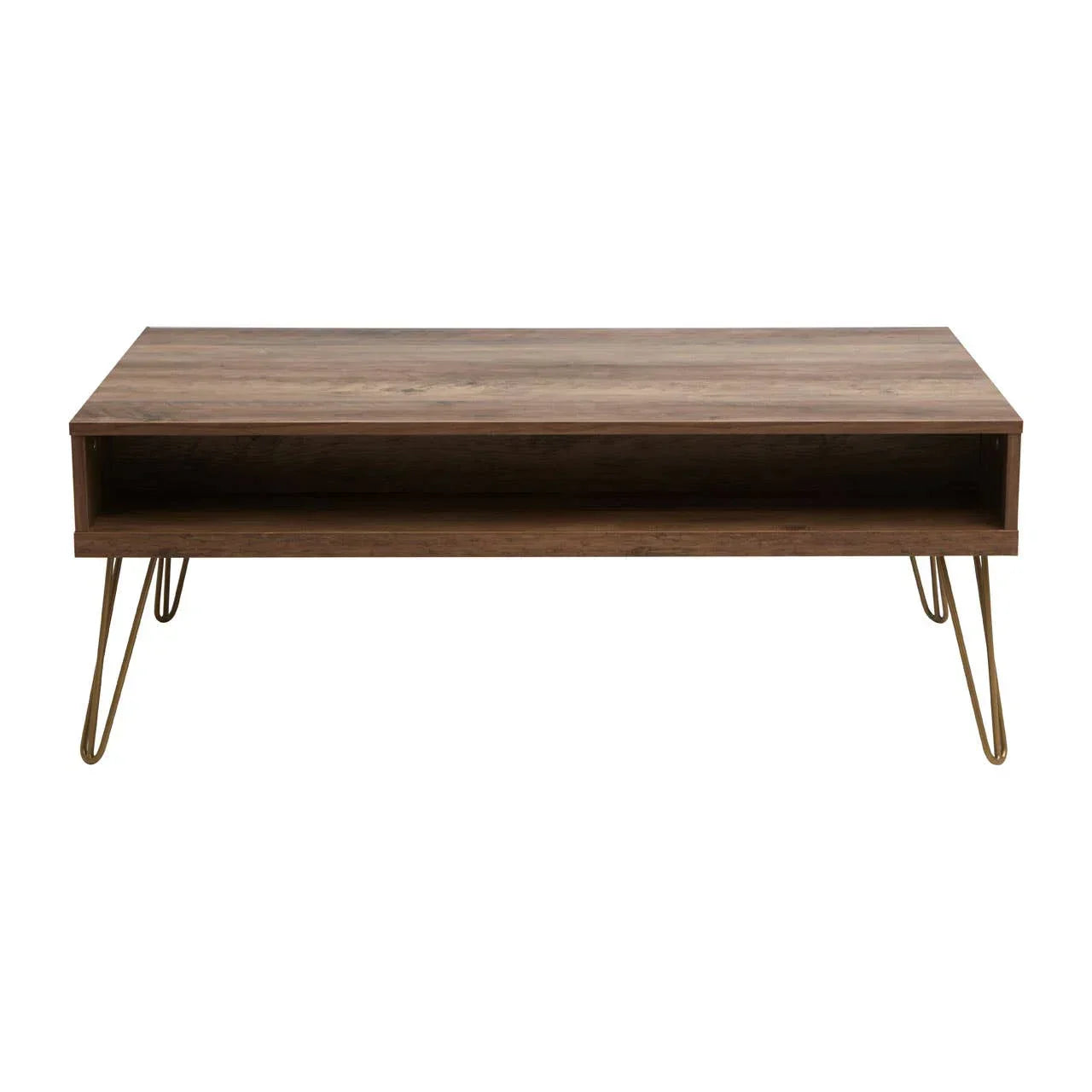 Rectangular wooden coffee table with open shelf and metal hairpin legs, front view