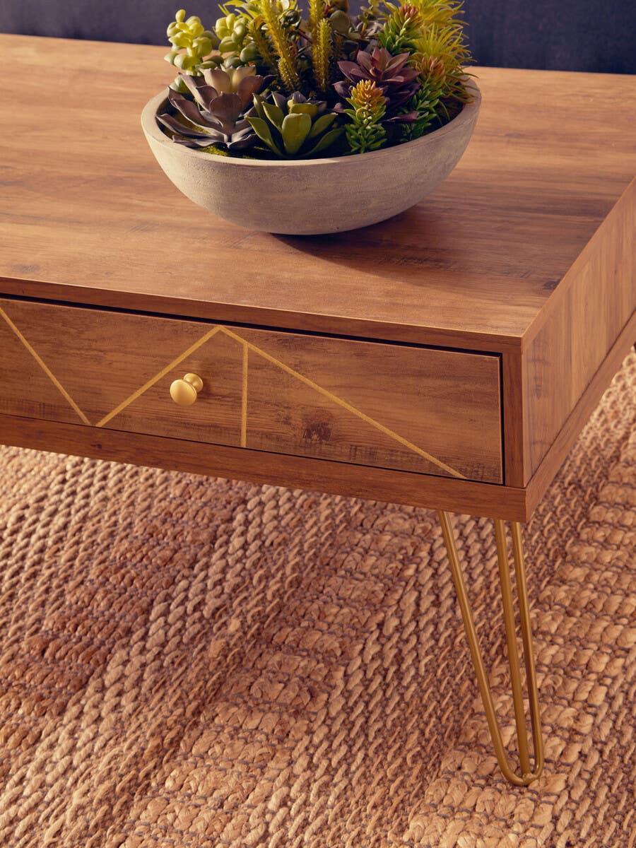 Wooden coffee table with gold hairpin legs and geometric drawer, bowl of succulents on top