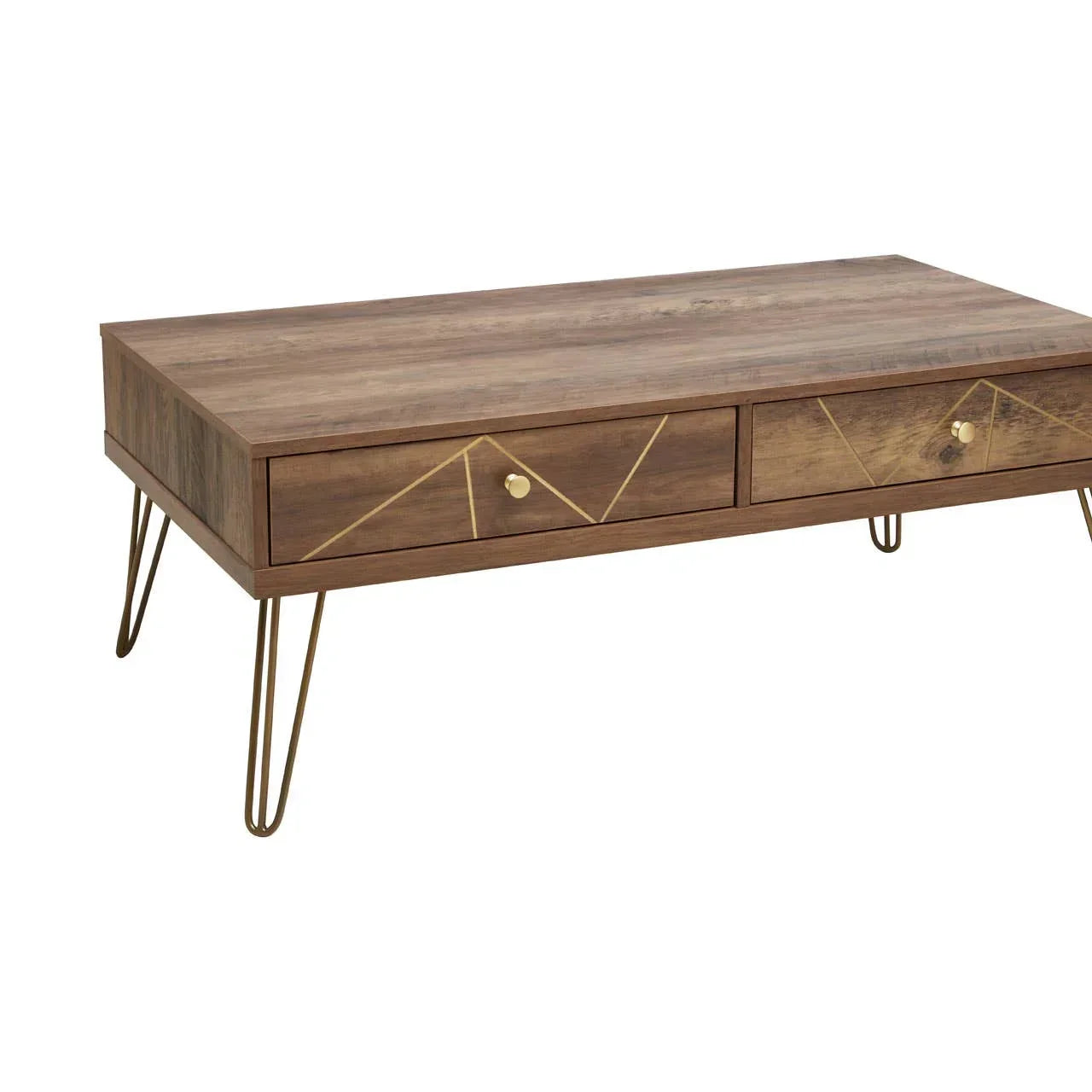 Wood coffee table with metal hairpin legs and two drawers with gold geometric accents