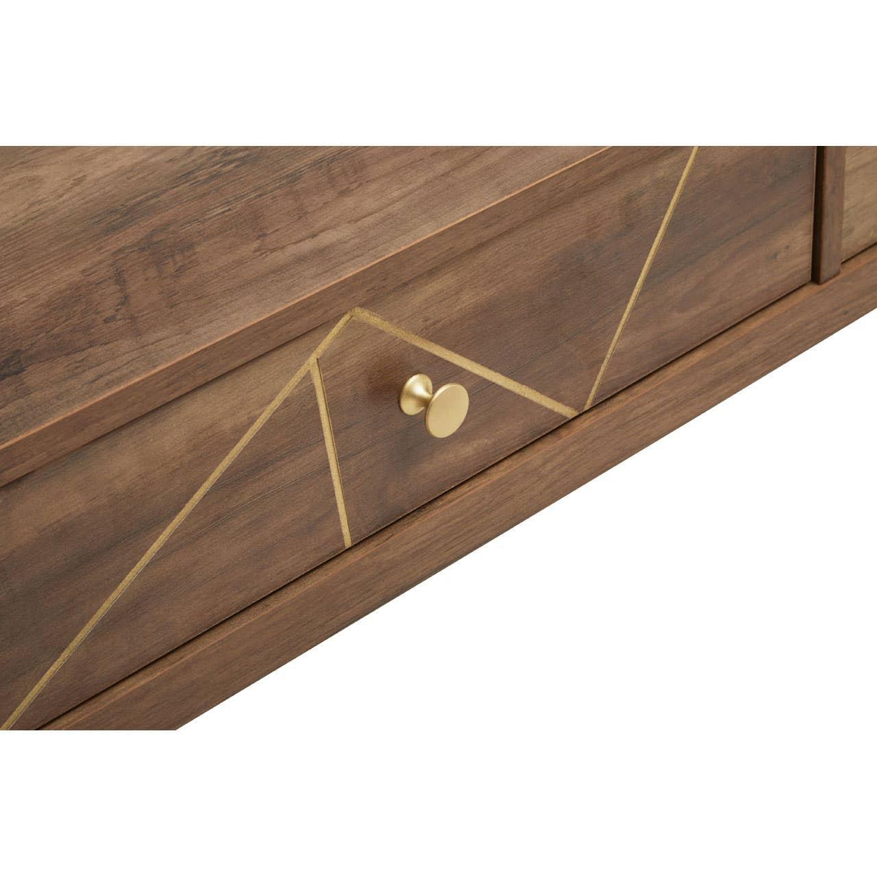 Walnut wood drawer front with gold geometric lines and round brass handle