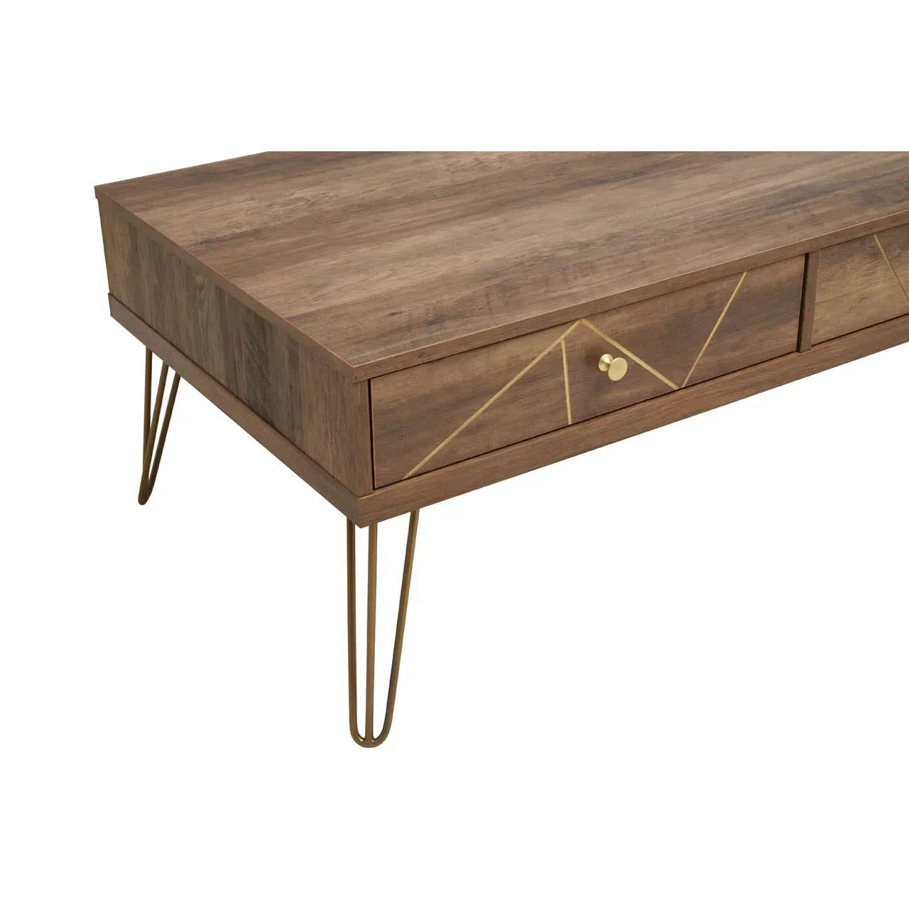 Walnut coffee table with gold hairpin legs and geometric drawer details