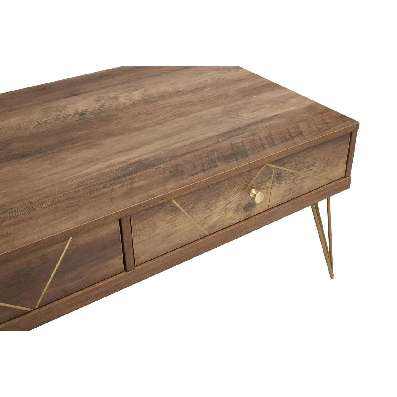 Wood coffee table with gold metal legs and geometric drawer detail