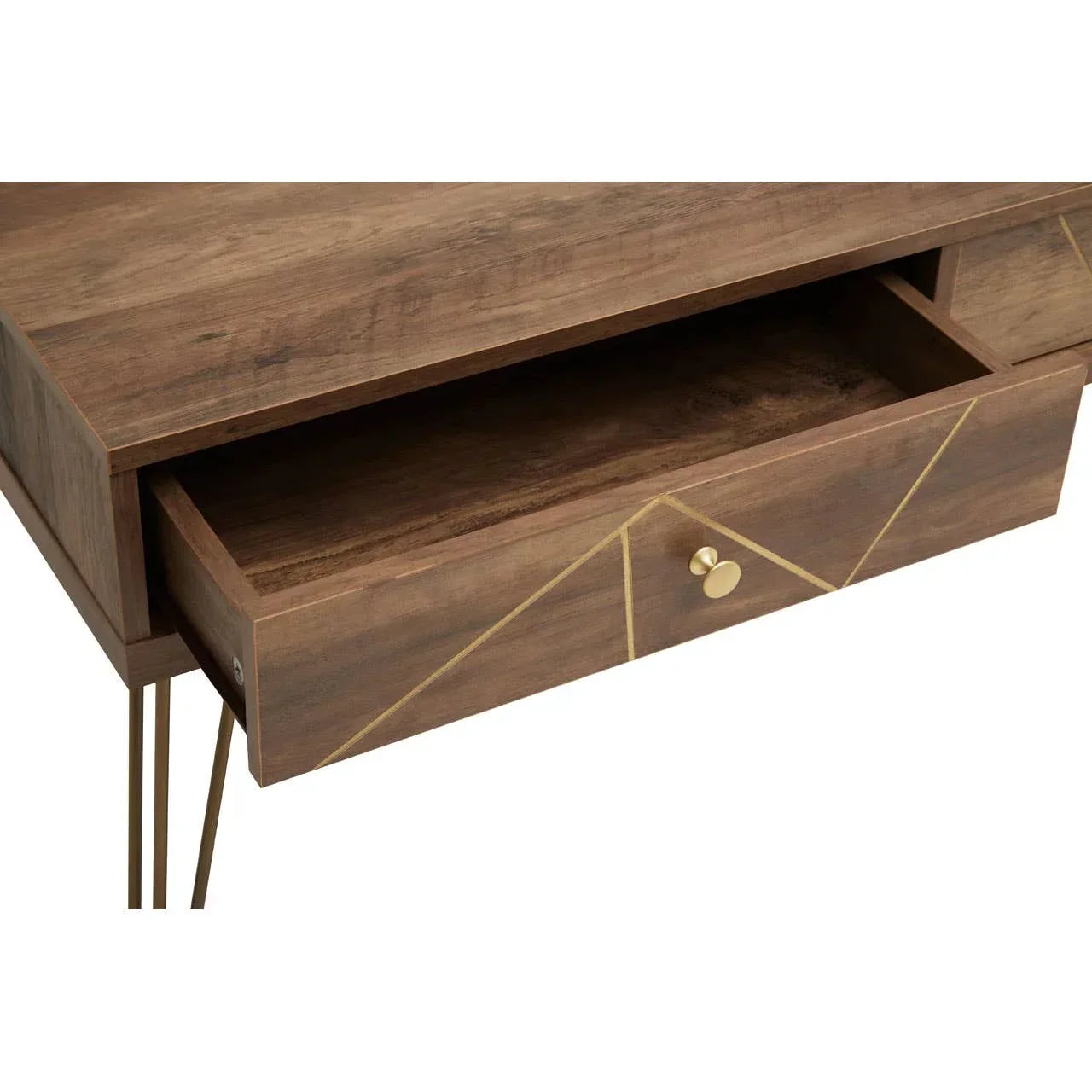Brown wood console table with gold drawer handle and open front storage drawer